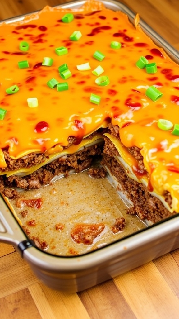 A hearty 7-layer ground beef casserole with layers of beef, beans, tortillas, and cheese, garnished with green onions.
